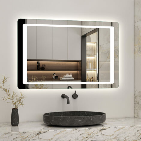 Biubiubath – Miroir lumineux de salle de bain 100 x 60 cm – Éclairage LED anti-buée – Interrupteur tactile – IP44 pour pièces humides