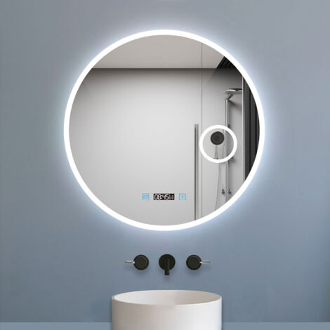 Biubiubath Miroir rond de salle de bain 70cm LED tricolore horloge + loupe + anti-buée + mémoire