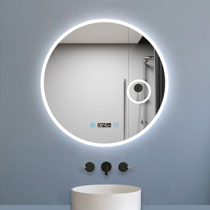 Biubiubath - Miroir rond de salle de bain 70cm led tricolore horloge + loupe + anti-buée + mémoire