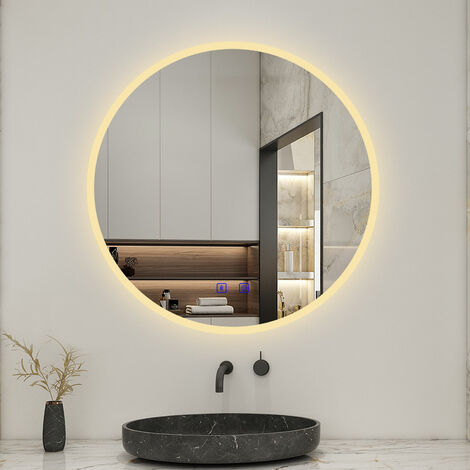 Biubiubath – Miroir rond de salle de bain 80x80cm – LED tricolore – Anti-buée – Interrupteur tactile – Connectivité Bluetooth – Épaisseur 5mm