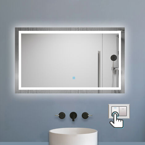 Biubiubath Miroir Salle de Bain 100x60cm Tricolore + Dimmable， Miroir lumineux avec Anti-Buée + Mémoire, IP44 HD Verre Miroir-Mural