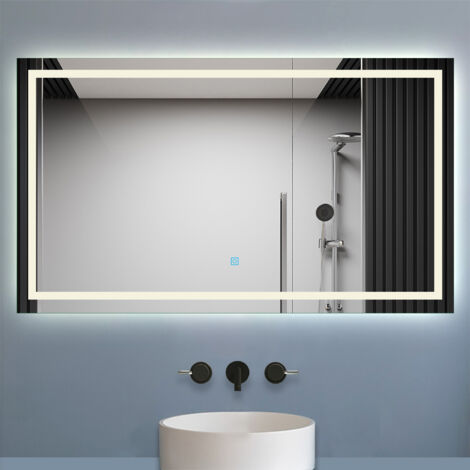 Biubiubath Miroir Salle de Bain 120x80cm Tricolore + Dimmable， Miroir lumineux avec Anti-Buée + Mémoire, IP44 HD Verre Miroir-Mural
