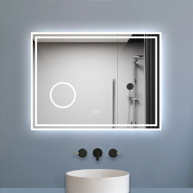 Biubiubath - Miroir salle de bain Bluetooth 80x60cm tricolore avec loupe 3x, dimmable, mémoire et anti-buée, IP44 Miroir led