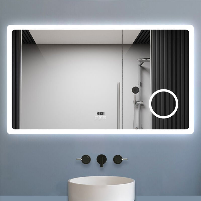 Biubiubath - Miroir salle de bain bluetooth + loupe + horloge + tricolore + anti-buée 120x70cm dimmable,mémoire,tactile,led