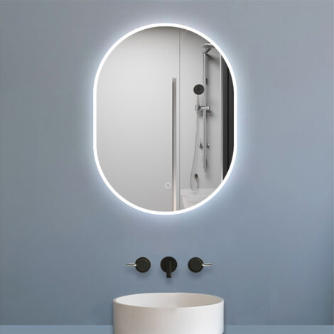 Biubiubath Miroir salle de bain Ovale LED 50x70cm Tricolore + Dimmable + Mémoire + Anti-Buée, IP44 HD Verre Miroir-Mural