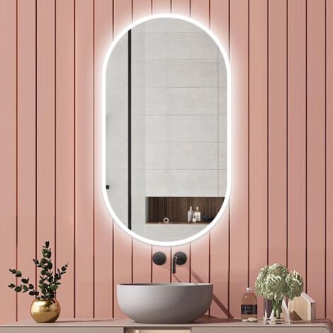 Biubiubath Miroir salle de bain Ovale Lumineux 60x80cm Tricolore + Dimmable + Mémoire + Anti-Buée, CE IP44