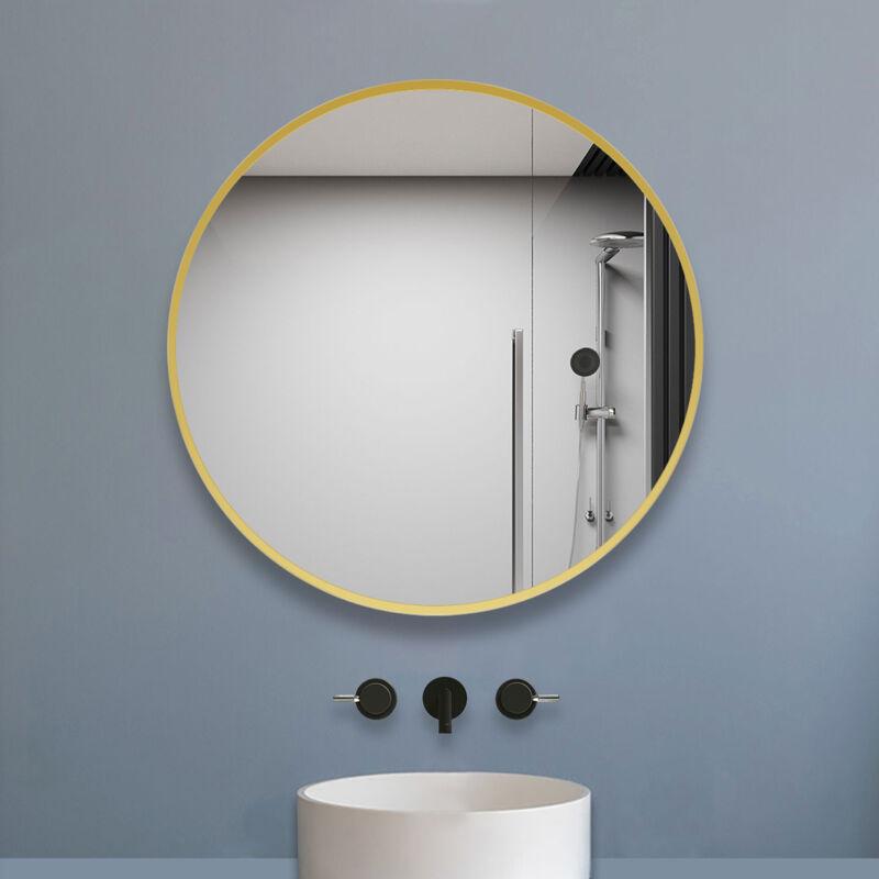 Biubiubath - Miroir Salle de Bain Rond 50cm Avec dorée brillant Encadré, Miroir au Mercure, Horizontal, Miroir-Mural
