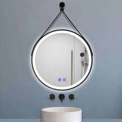 Biubiubath Miroir salle de bain rond LED 60cm tricolore + anti-buée + dimmable + mémoire,avec ceinture en cuir amovible,noir