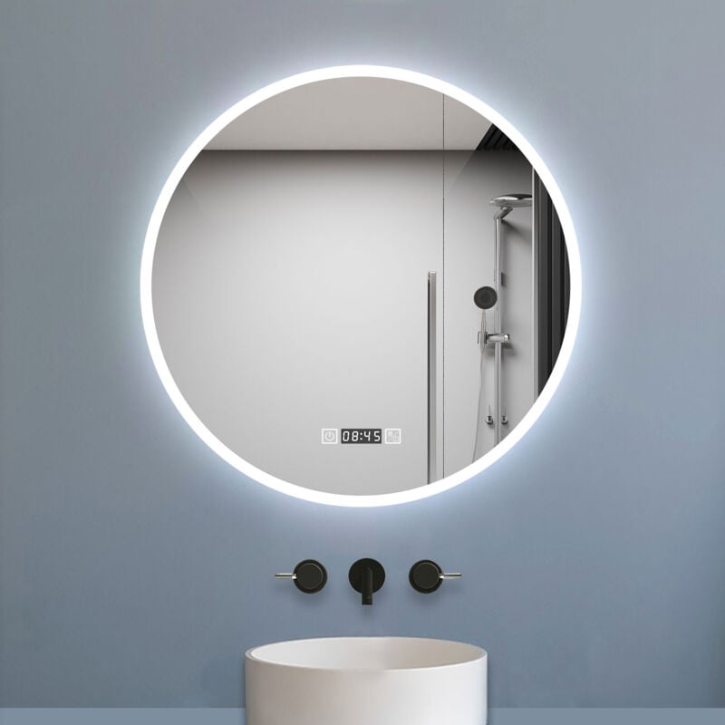 Biubiubath - rond Miroir lumineux led salle de bain 60cm,horloge+antibuée+dimmable avec 3 Temperature de couleur,Fonction Mémoire