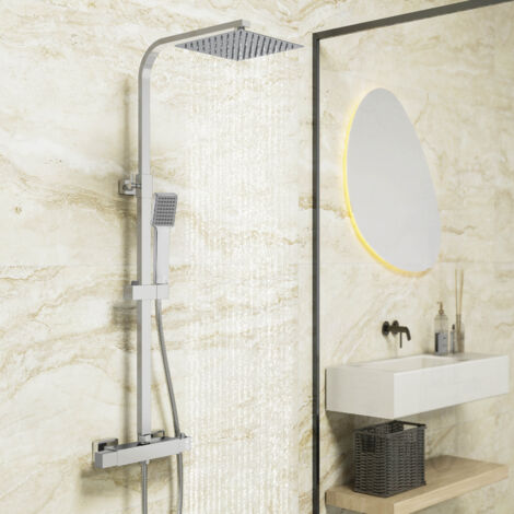 Biubiubath Square Chrome Thermostatic Mixer Shower Dual Head Rainfall Head Handset Bathroom