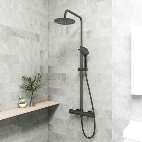 Biubiubath Thermostatic Mixer Shower Set All Round Bar Matte Black Twin Head Exposed Valve