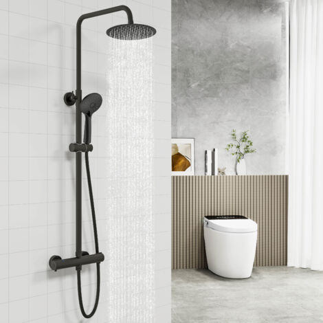 Biubiubath Thermostatic Mixer Shower Set Round Matt Black Twin Head Exposed Valve