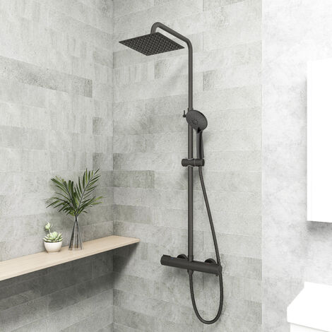 Biubiubath Thermostatic Twin Head Mixer Shower Exposed Vavle Square Large Bar Black Set