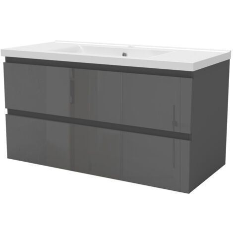 Biubiubath Wall Hung 1000mm Bathroom Vanity Unit without Basin Gloss Grey 2 Drawers Flat Pack