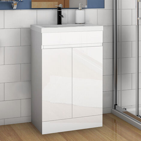Biububath 500mm Bathroom Sink Vanity Unit with Ceramic Basin Gloss White Freestanding