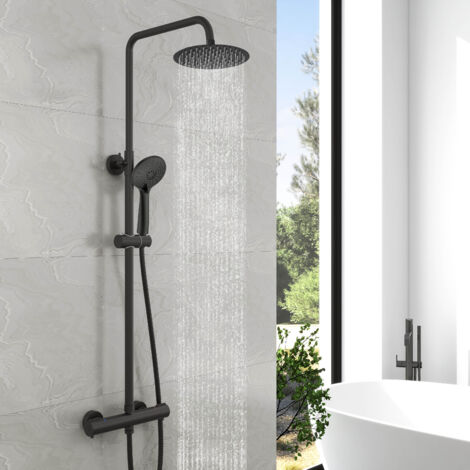 Biubuibath Mixer Shower Thermostatic Round Dual Head Rainfall Handset Matte Black
