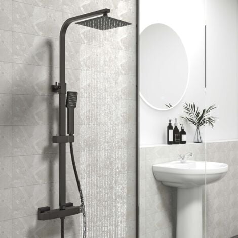 BIUBIUBATH Biubuibath Thermostatic Square Exposed Matte Black Mixer Shower Valve Set Twin Head