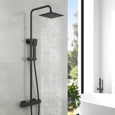 Biubuibath Thermostatic Square Mixer Shower Set Black Exposed Valve Twin Head