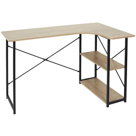 BIWO - Bureau d'Angle Noir et Naturel avec 2 Tablettes