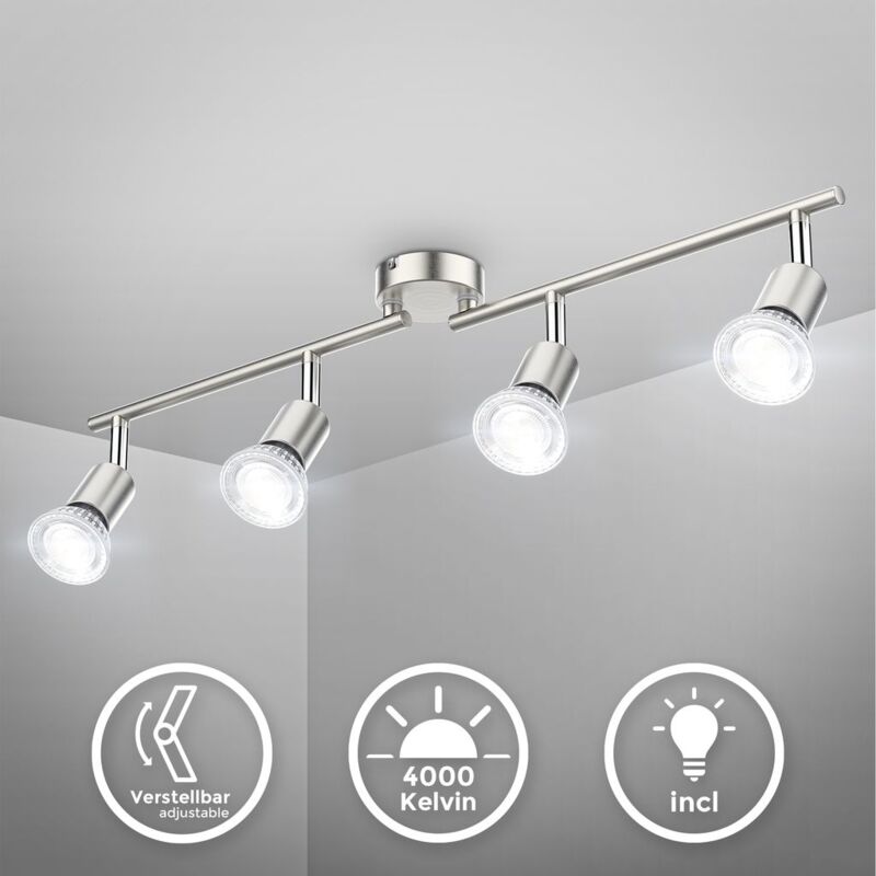 B.k.licht - plafonnier 4 spots pivotants & orientables, 4 ampoules led 5W GU10, barre spots plafond salon salle à manger cuisine couloir, lumière