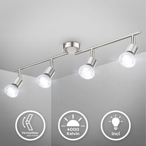 B.K. Licht plafonnier 4 spots pivotants & orientables, 4 ampoules LED 5W GU10, barre spots plafond salon salle à manger cuisine couloir, lumière blanche neutre 4000K