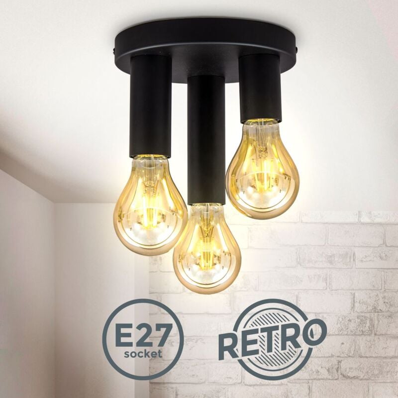 

B.k.licht - 3-flame retro ceiling light I E27 I matt black I metal I Ø19x16,5cm I ceiling spot I sin bombilla