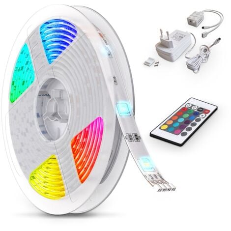 B.K.Licht 5m ruban LED interieur multicolore, guirlande lumineuse dimmable avec télécommande, auto-adhésif, lumière décorative blanche et multicolore, éclairage intérieur, 24W, longueur 5m