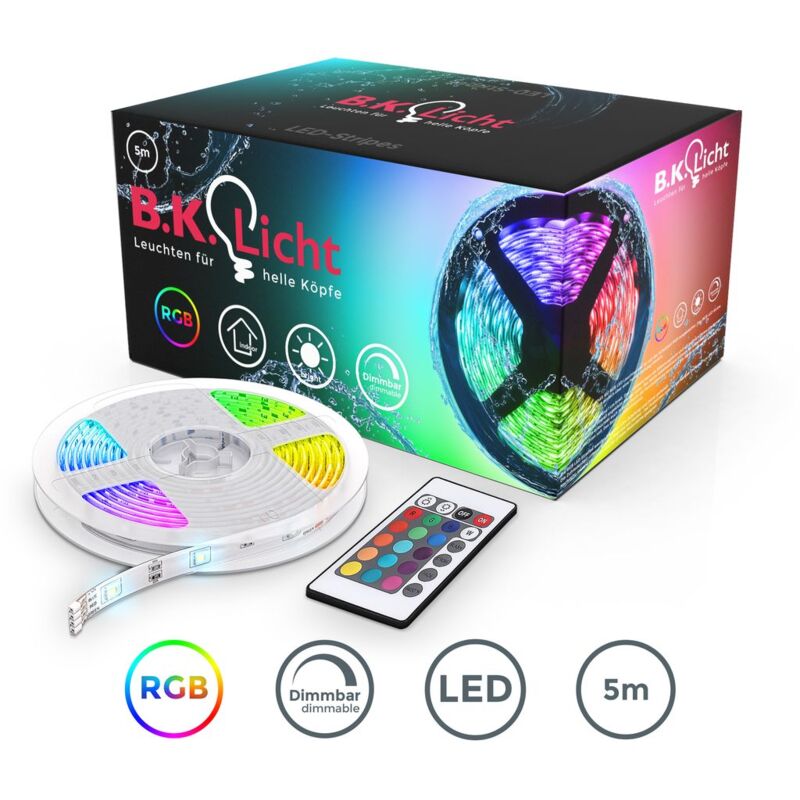

5m Tira LED autoadhesiva I Impermeable IP20/44 I 16 RGB Flexibles Multicolor I LED Kit Completo con mando a distancia I Luz Ambiental - B.k.licht