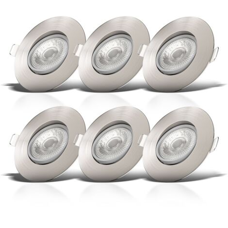 B.K.Licht Faretti LED da incasso ultrapiatti orientabili, LED integrati 4,9W, foro Ø68mm, luce calda 3000K, 480Lm, set di 6 faretti da soffitto rotondi, plastica color nichel opaco 230V IP23