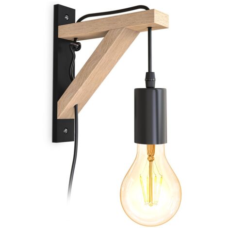 B.K.Licht I applique en bois I bois naturel noir I interrupteur à câble de 2,5 m I E27 I 1 flamme I sans ampoule