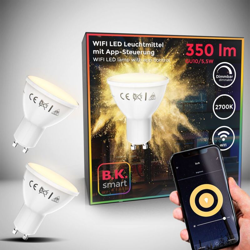 B.K.Licht I Juego de 2 LED GU10 Wi-Fi Lamp I 5.5 Watt I 350 Lumen I 2.700K Blanco cálido I Regulable I Aplicación Control de voz Alexa Google Home I