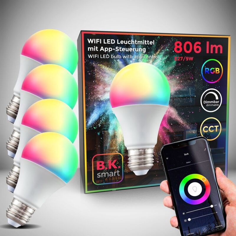 

B.K.Licht I Juego de 4 lámparas LED E27 Wi-Fi I 9 vatios I 806 Lumen I RGB I CCT I Regulable I Aplicación Control de voz I Alexa Google Home I iOS y