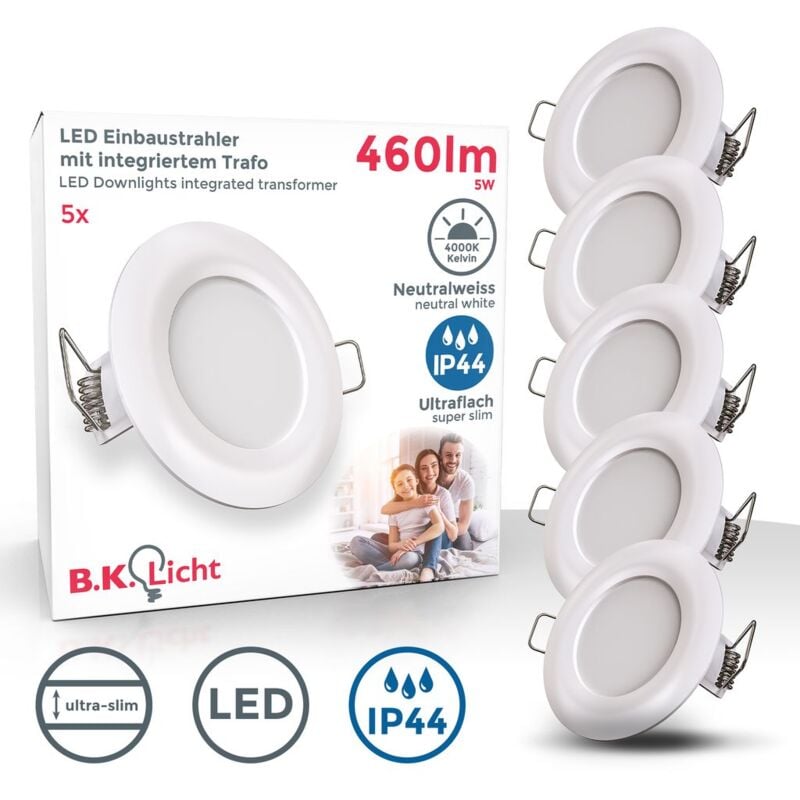 

I Juego de 5 luces LED empotradas en el baño I Ultra plano de 25mm I Ø85mm I Blanco I 5 tablas de LED de 5W I 460 lumen I 4.000K blanco neutro I IP44