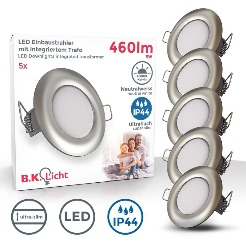 

I Juego de 5 luces LED empotradas en el baño I Ultra plano de 25mm I Ø85mm I Plateado I 5 tablas de LED de 5W I 460 lumen I 4.000K blanco neutro I