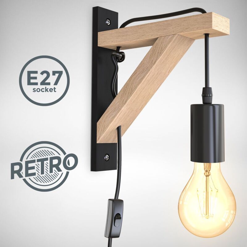 B.k.licht - i lampada da parete in legno i legno nero naturale i interruttore con cavo da 2,5 m i E27 i 1 fiamma i senza lampadina