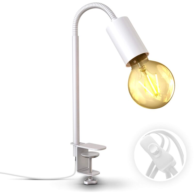 B.k.licht - i lampada da tavolo orientabile con interruttore a cavo i lampada a morsetto i E27 i lampada da lettura a 1 fiamma i metallo i Bianco