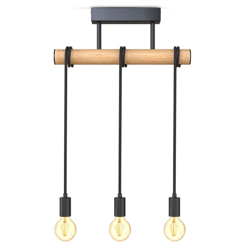 

I Lámpara colgante de 3 llamas I metal y madera I E27 I negro mate I lámpara colgante de época I lámpara colgante retro I sin bombilla - B.k.licht