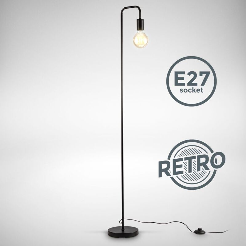 

B.K.Licht I Lámpara de pie retro curvada I Altura 140 cm I E27 I 1 llama I interruptor de pie I metal I negro mate I sin bombilla