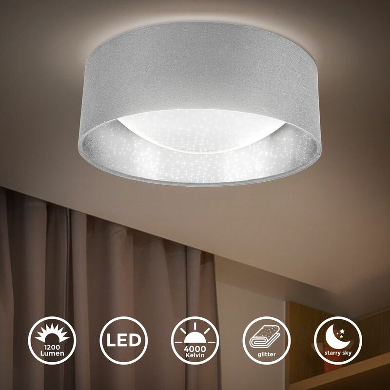 

I Lámpara de techo de tela LED con efecto de cielo estrellado I gris-plateado I Placa de LED de 12W I 1.200lm I 4.000K color de luz blanca neutra I