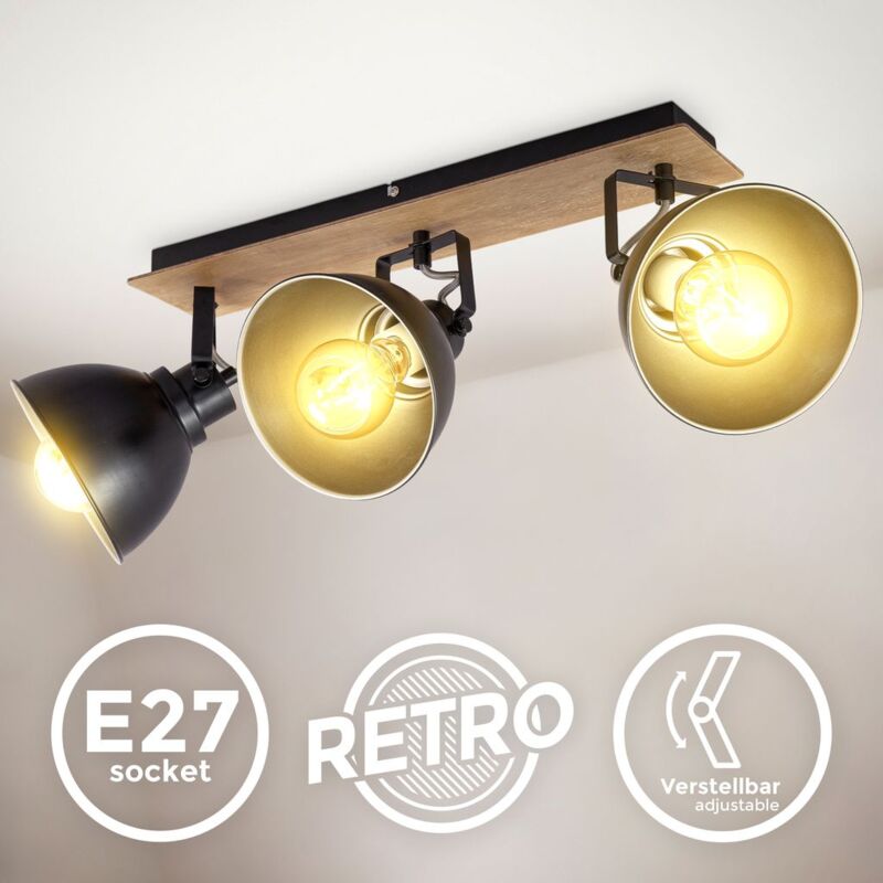 

I Lámpara de techo retro giratoria I Foco de techo en madera y metal I Foco vintage en negro-oro I E27 - B.k.licht