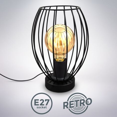 B.K.Licht I Lampe de table à fil I E27 I Interrupteur à câble I Lampe de table ancienne à 1 brûleur avec abat-jour métallique I Hauteur 25,6 cm I Noir I sans ampoule