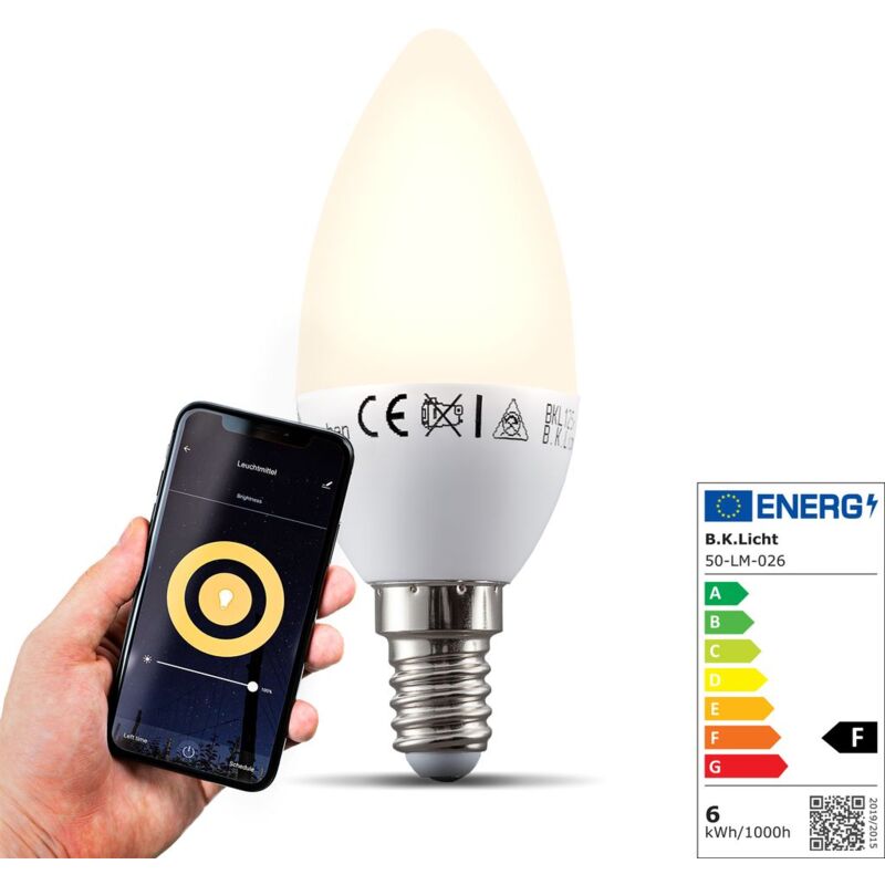 

B.K.Licht I LED E14 Wi-Fi Lamp I 5.5 Watt I 470 Lumen I 2.700K Blanco cálido I Dimmable I Aplicación Control de voz Alexa Google Home I iOS y Android