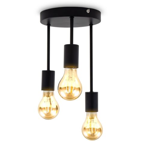 B.K.Licht – Plafonnier rétro 3 douilles E27 – Métal noir mat – Dimensions Ø19 x 31 cm – Type de protection IP20 – Pour ampoules filament Edison