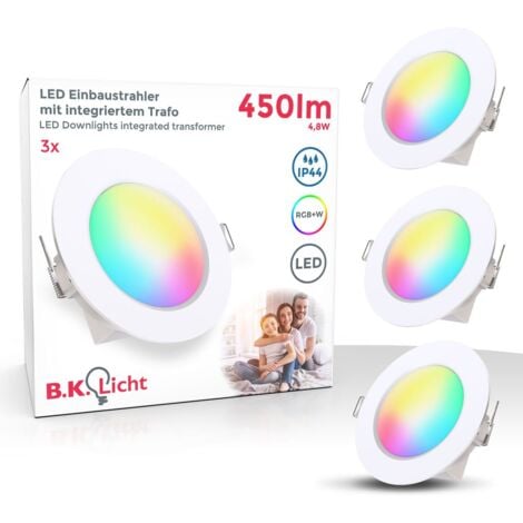 B.K.Licht I Set de 3 lampes à encastrer RGBW pour salle de bain LED I Spot à encastrer pour salle de bain en couleur I Télécommande I Ø70 mm perçage I Dimmable I 92x45 (DxH) I Blanc