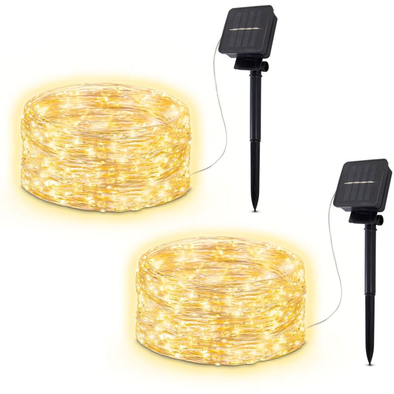 

juego de 2 cadenas de luces de exterior alimentadas por energía solar I 2x 12 metros I 8 modos de luz I IP44 I 2x120 LEDs blanco cálido I sensor
