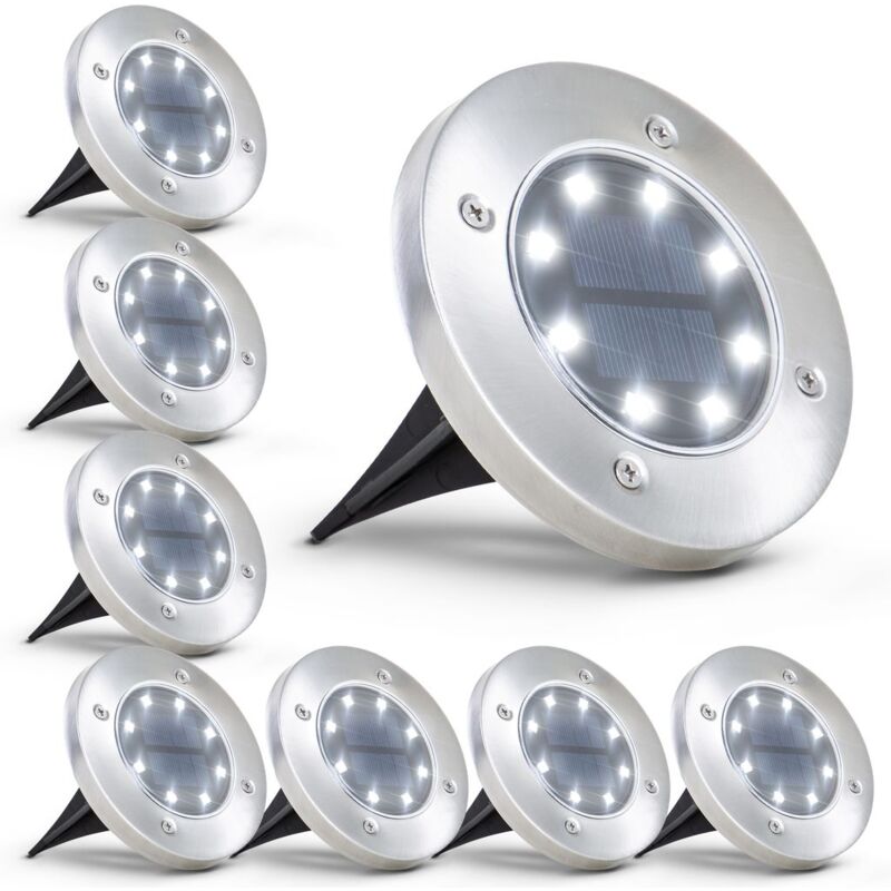 

juego de 8 luces solares LED para exteriores I Ø119 mm I IP65 impermeable I encendido/apagado automático I luz LED para jardín I luz de suelo I luz