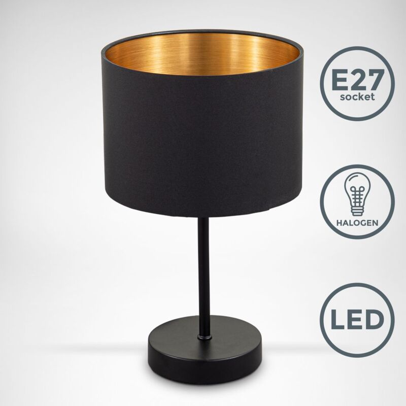 B.k.licht - Lampada da comodino con paralume in tessuto nero e oro, adatta per lampadina E27 non inclusa max 40W, Lampada da tavolo diametro 20cm,
