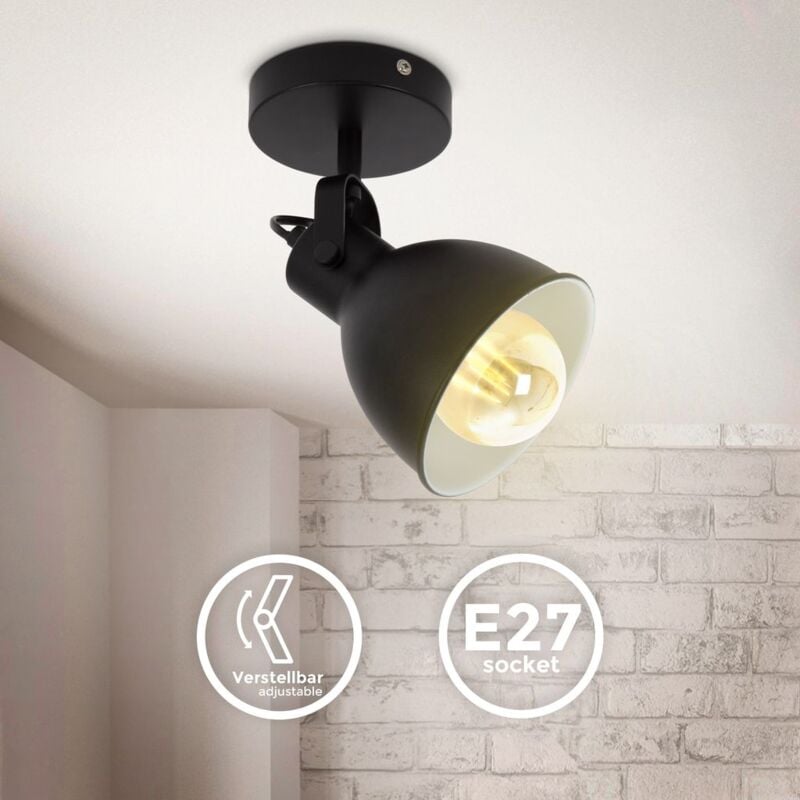 Image of Lampada da parete retrò, orientabile, attacco per lampadina E27 non inclusa, applique vintage industriale, faretto da muro nero-bianco - B.k.licht