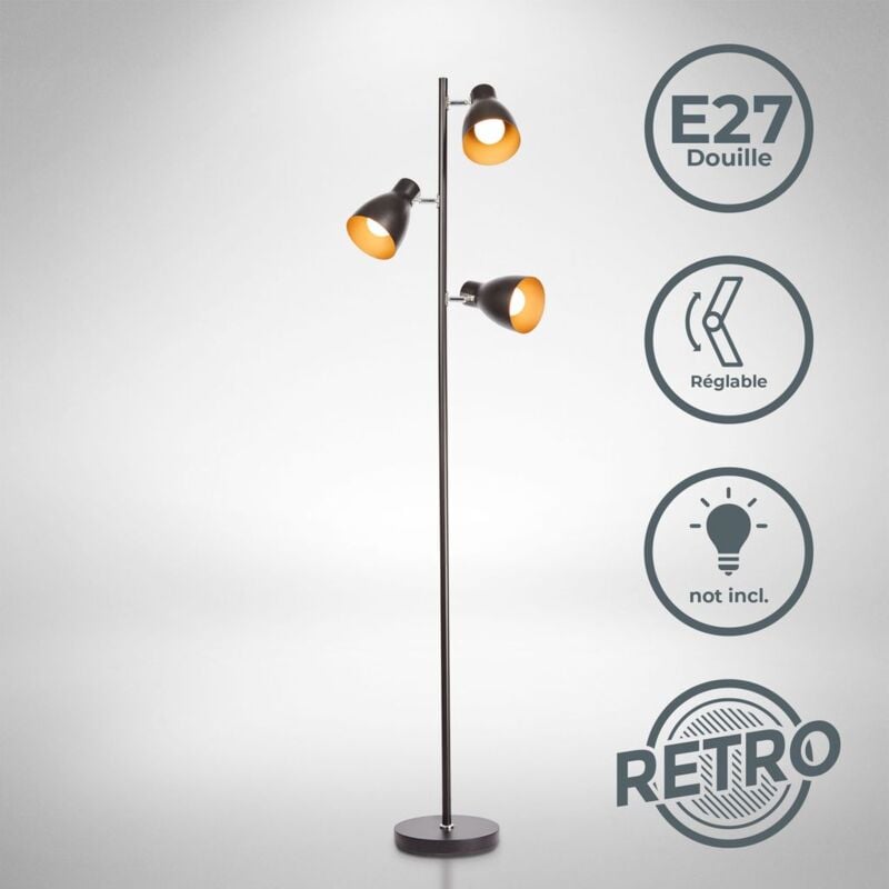 B.k.licht - lampadaire led vintage, lampe à pied design rétro, 3 spots orientables, ampoules E27 led ou halogène, hauteur 166,5 cm, métal noir doré