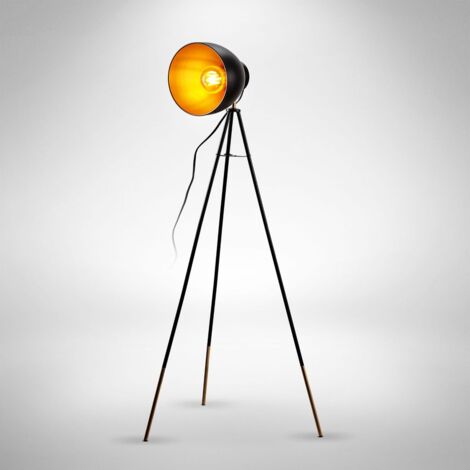 B.K.Licht lampadaire LED vintage, lampe à pied design rétro, Ø abat-jour 24cm, métal noir doré, projecteur de plafond, pour ampoule E27 LED ou halogène de 40W max, hauteur 136 cm